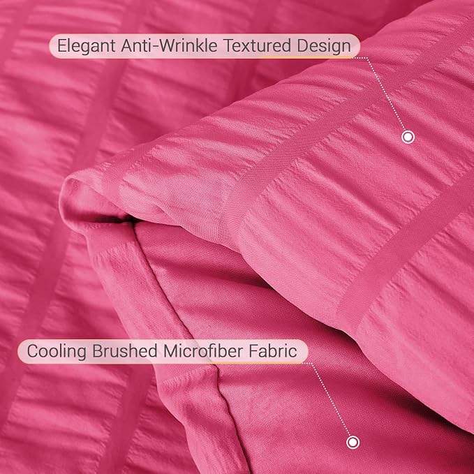 7 Pieces King Comforter Set, Seersucker Bed in a Bag King Size, All Season Luxury Bedding Set with Comforter, Flat Sheet, Fitted Sheet, Pillowcases & Shams, Hot Pink