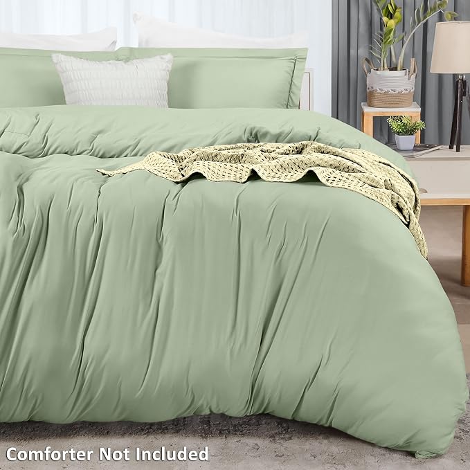 Duvet Cover Queen, 3 Piece Cotton Like Polyester With Zipper Closure, Sage | Extra Soft and Breathable, Wrinkle & Fade Resistant, Includes Duvet Cover and 2 Pillow Shams, Comforter Not Included, OekoTex