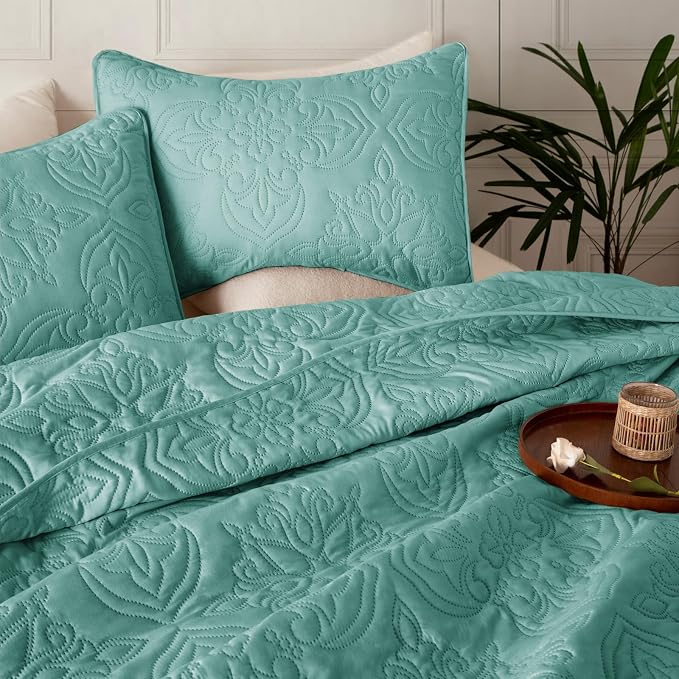 Whale Flotilla Twin Quilt Bedding Set Vintage Damask Reversible Bedspread | Suitable for Bed, 2 Pieces Turquoise Green Lightweight Breathable Quilts Twin Size, Ultrasonic Coverlet with 1 Pillow Sham