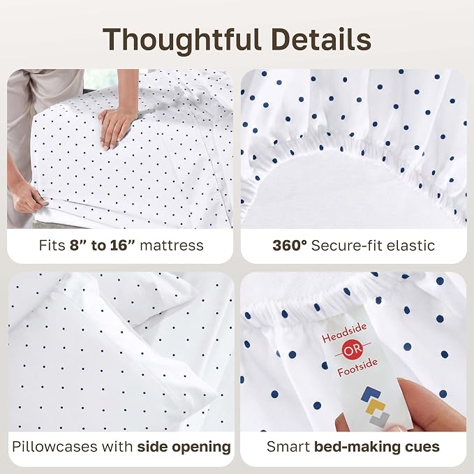 California Design Den 100% Cotton Sateen Hotel Sheets Full Size Set | 400 Thread Count Backed by Good Housekeeping Seal, 16" Deep Pocket, All-Around Elastic, Durable, Easy Care - Polka Dot Print