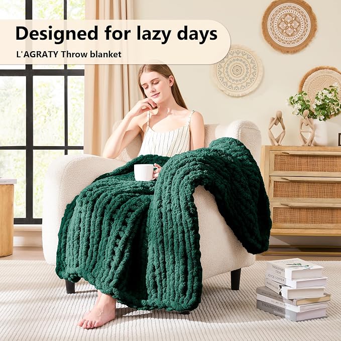 L'AGRATY Chunky Knit Throw Blanket for Couch, 40 x 50 Inches, Olive Green | Handmade Chenille Crochet Blanket for Sofa Bed, Thick Cable Knitted Blankets for Room Home Decor, Birthday Gift for Women Mom