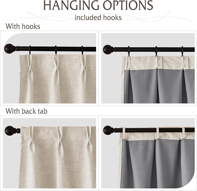 RYB HOME 100% Blackout Pinch Pleated Linen Curtains, Back Tab Drapes Privacy Thermal Insulating for Living Room Kitchen Dining Bay Window, W 42 x L 84 inches, Linen, 2 Panels