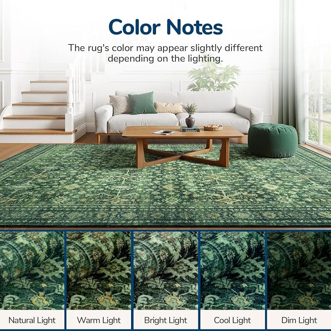 5 x 8 Washable Area Rugs for Living Room,Soft Non Slip Carpet Green | Durable Stain Resistant,Kid Pet Friendly,Compatible with All Vacuums,0.25inch Low Pile for Bedroom Dining Room Home Office