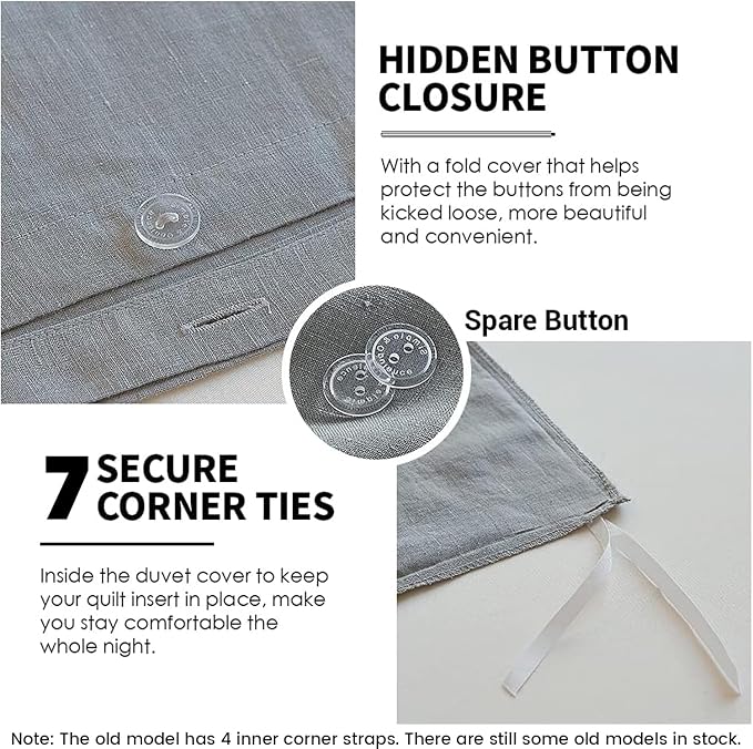 Simple&Opulence 100% Linen Duvet Cover Set 3pcs Basic Style Natural French Washed Flax Solid Color Soft Breathable Farmhouse Bedding with Button Closure - Ultimate Grey, Queen