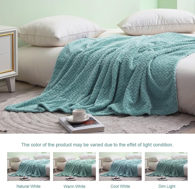 Exclusivo Mezcla Soft Fleece Bed Blanket King Size, 90”x104”, Celadon | Cozy Fluffy Lightweight Blankets for Summer, Decorative Plush Flannel Throws for Living Room, Bedroom with Leaves Pattern