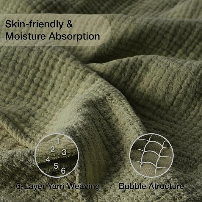 100% Cotton Muslin Blanket California King 120" x 90", 6 Layers Breathable and Lightweight Oversized Blankets for Bed, Soft Cooling Gauze Blanket for Adults All Season, Olive Green