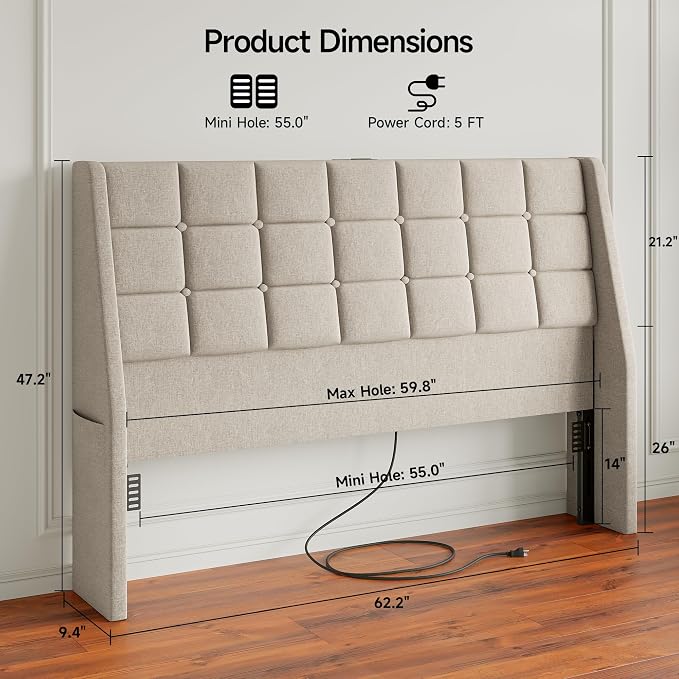 Queen Size Headboard with Charging Station, Wingback Ergonomic Headboards | Wingback Upholstered Bed Head Board with Storage Pocket, Sturdy Stable Solid Wood Headboard, Bed Frame Adapters, White Beige