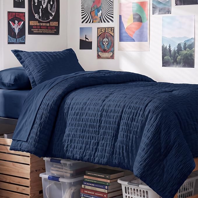 Twin Comforter Set, 5 Pieces Navy Blue Seersucker Bed in a Bag | OEKO-TEX Certified, All Season Bedding Sets with 240 GSM Down Alternative Comforter, Flat & Fitted Sheets, Pillowcase & Sham