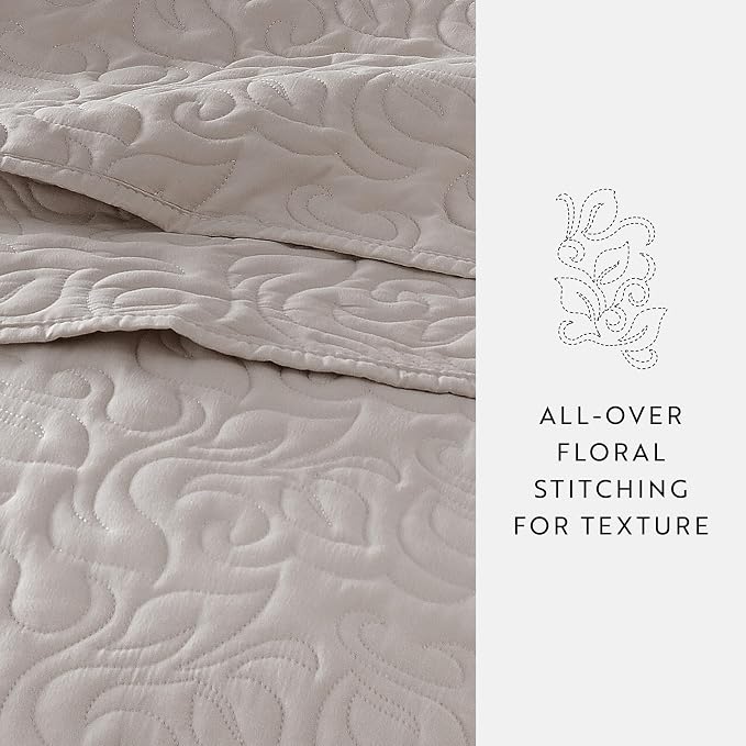 Merit Linens Modern Quilt Coverlet Soft Set in Floral Stitching - Twin/TwinXL Latte