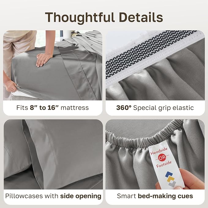 California Design Den Luxury 800 Thread Count Cal King Sheets, Misty Grey | 100% Cotton Sateen Backed by Good Housekeeping Seal - Soft & Thick, 16" Deep Pocket, All-Around Elastic, 4 Pc Set, Easy Care