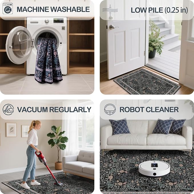 Washable 2'6" x 8' Runners for Hallways, Non Slip Long Floor Runner for Kitchen, Entryway Indoor, Stain Resistant Rubber Backing Floral Decor Rug (Black)