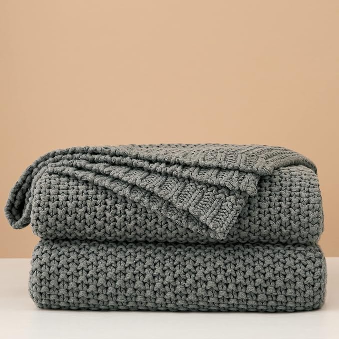 Chunky Cable Knit Throw Blanket Lightweight Grey 100% Organic Cotton Blanket for Sofa Couch Bed Baby Nursery, Rustic Shabby Chic Modern Farmhouse, Gray 60” x 80” Give Laundering Bag