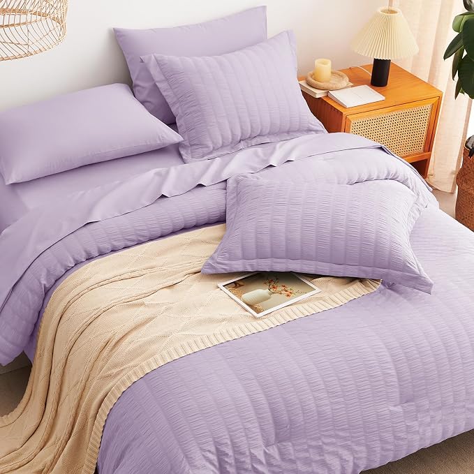 King Comforter Set, 7 Pieces Light Purple Seersucker Bed in a Bag | OEKO-TEX Certified, All Season Bedding Set with 240 GSM Down Alternative Comforter, Flat & Fitted Sheets, Pillowcases & Shams
