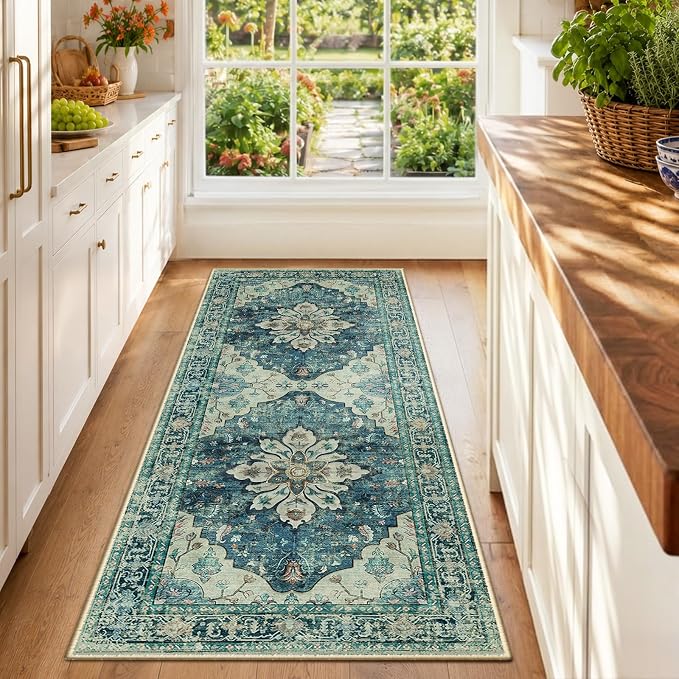 RELEANY Washable Area Rug, Runner 2'x6', Blue/Vintage Dark Blue | Non-Slip, Water Repellent, Pet Friendly, Easy to Clean, Vintage Floral Boho Decor for Kitchen Entry Bedroom Bedside Laundry