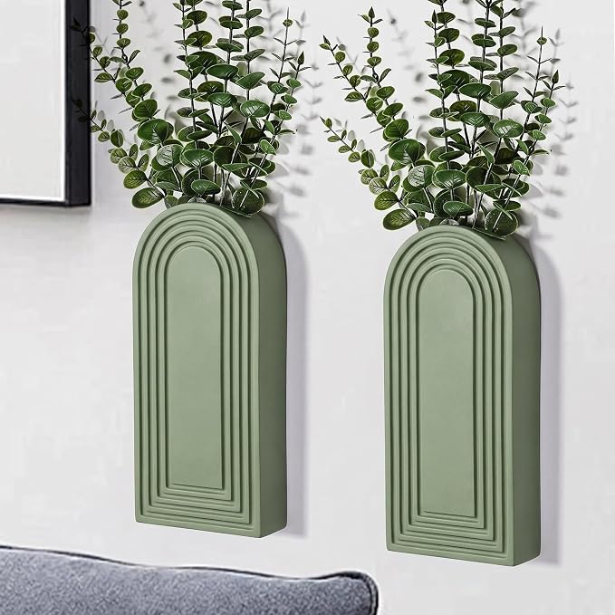 Dnnnii 2 Pack Wooden Wall Vase Set - Green Finish Modern Farmhouse & Boho Wall Decor for Entryway, Hallway, Bathroom, Living Room, Dining Room, Narrow Spaces