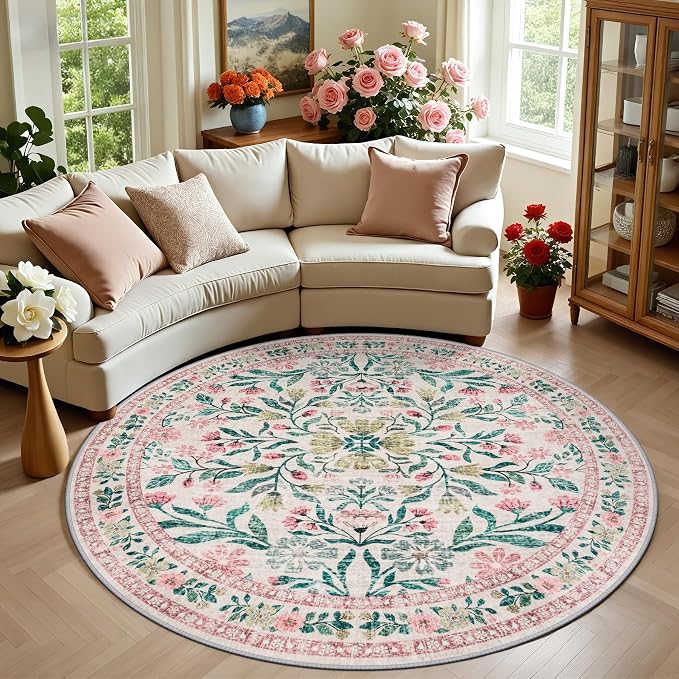 PLHXFR Round Area Rug Living Room: 6 ft Floral Washable Carpet Pink Green | For Bedroom Dining Room Farmhouse Nursery Hallway,Vintage Floral,Machine washable,Non Slip,Stain Resistant,Large Indoor