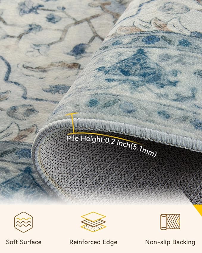 RELEANY Washable Area Rug, 7'x10', Blue/White/Gray | Non-Slip, Water Repellent, Pet Friendly, Easy to Clean, Vintage Floral Boho Decor for Living Room Bedroom Dining Room Office
