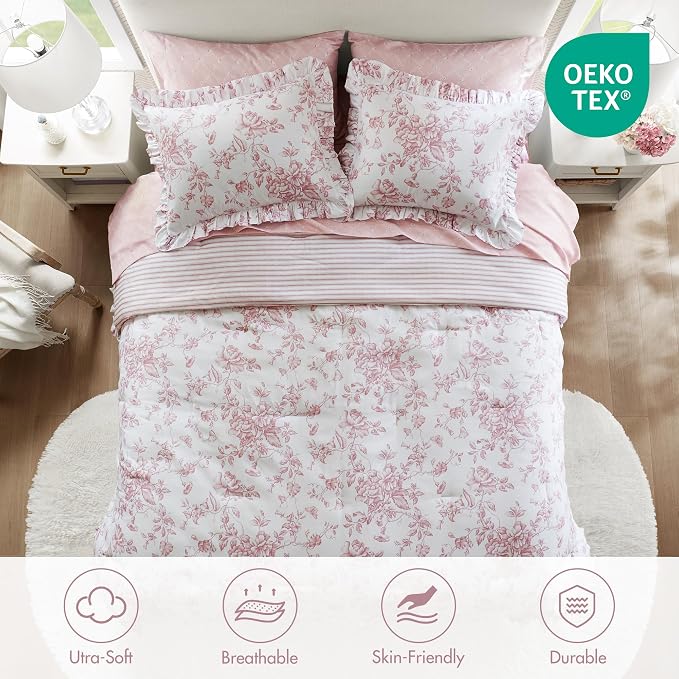 Madison Park Essentials Pink Floral Comforter Set with Sheets Cal King,7pc | Vintage, Ruffle Bed in a Bag, Reversible, Elegant Bedding Set, All Season, Machine Washable, Wrinkle Resistant, Ultra Soft