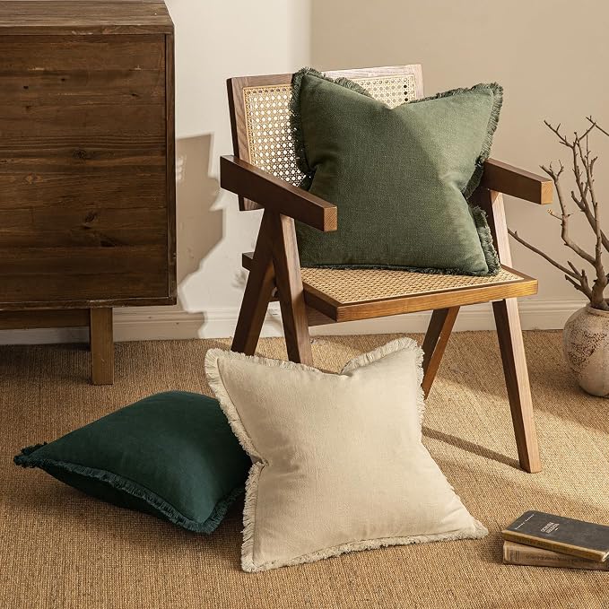 MIULEE Boho Linen Fringe Decorative Throw Pillow Covers Olive Green 20x20 | Set of 2, Cottagecore Decor, Boho Farmhouse Neutral Pillow Covers, Rustic Couch Cushion Cases for Sofa Bed Living Room