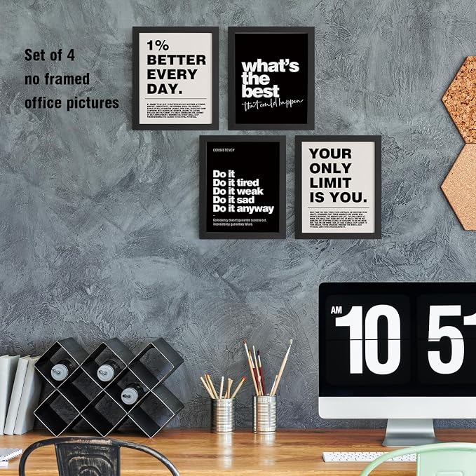 DSHFG Motivational Inspirational Office Wall Art Decor Prints Set of 4 | Black Office Motivational Wall Decor Trendy Retro Positive Affirmations Quotes Wall Decor Gym Posters, 8x10 Unframed
