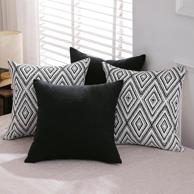 HPUK Throw Pillow Covers 18x18, 4 Pack, Black Textured Couch Pillow Covers | Polyester fabric, patterned and solid designs, hidden zippers, machine washable, for sofas and beds, inserts not included