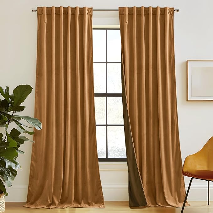 RYB HOME Velvet Curtains 120 inches Long, Extra Long High Ceiling Curtains | Thermal Insulated, Room Darkening, Luxury Decor for Villa Room Large Sliding Patior Door, Bronze, W52 x L120, 2 Panels