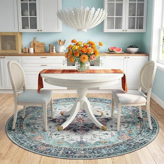 RELEANY Washable Area Rug, Round 6ft, Teal Green/White/Navy | Non-Slip, Water Repellent, Pet Friendly, Easy to Clean, Vintage Floral Boho Decor for Living Room Bedroom Dining Room