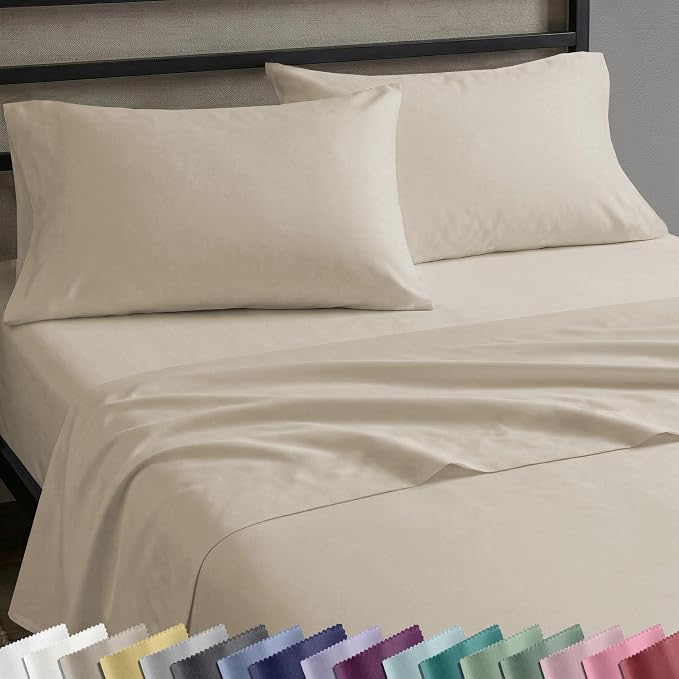 Soft Natural 100% Cotton Sateen Queen Size Bedsheets, 4 Pc Set, Butter | Backed by Good Housekeeping Seal, Light & Breathable For Hot Sleepers, 14" Deep Pocket, All-Around Elastic, Durable