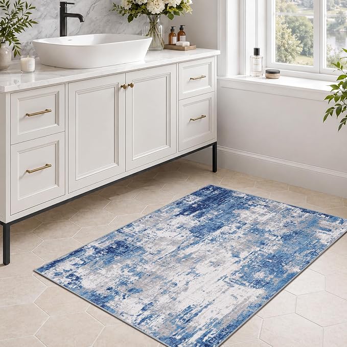 RELEANY Washable 3'x5' Abstract Area Rug for Living Room Blue Gray | Carpet for Bedroom, Kitchen, Office, Hallway and Entryway, Printed Pattern, Non‑Slip, Soft, Stain‑Resistant, Easy to Clean