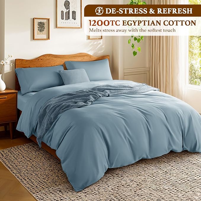 DEITAS 100% Cotton Queen Duvet Covers 3 Piece,1200 Thread Count，French Blue | Luxury Egyptian Cotton Comforter Cover With Zipper Closure, Ultra Cooling Breathable, Hotel Bedding Duvet Covers