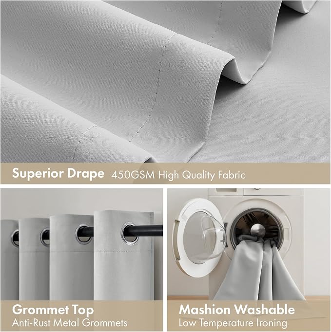 MIULEE Light Grey 90 Inch 100% Blackout Curtains for Bedroom | 2 Thick Layers Thermal Insulated Window Curtains with Black Liner, Noise Reducing Grommet, Drapes for Living Room, 2 Panels