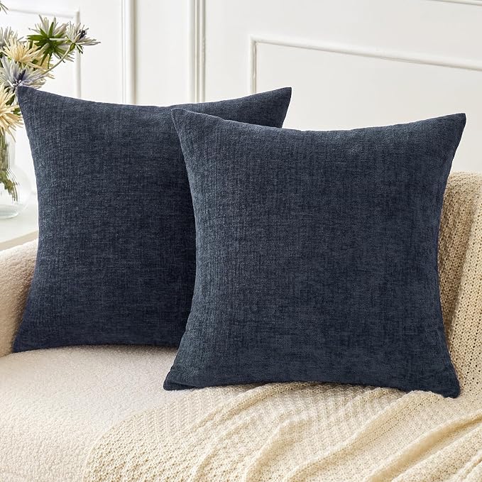 MIULEE Soft Chenille Throw Pillow Covers Dark Navy 20x20 Inch Pack of 2 | Modern Coastal Home Decor, Classic Decorative Pillows, Solid Dyed Cases, Boho Couch Cushion Covers for Sofa Bed Living Room