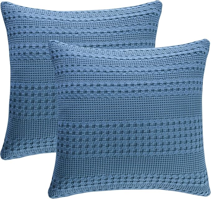 PHF 100% Cotton Waffle Weave Euro Sham Covers, 2 Pack 26" x 26" Bed Pillow Covers for Elegant Home Decor, No Filling, Luxury Aesthetic Soft Euro Pillow Cases for Bed, Denim Blue