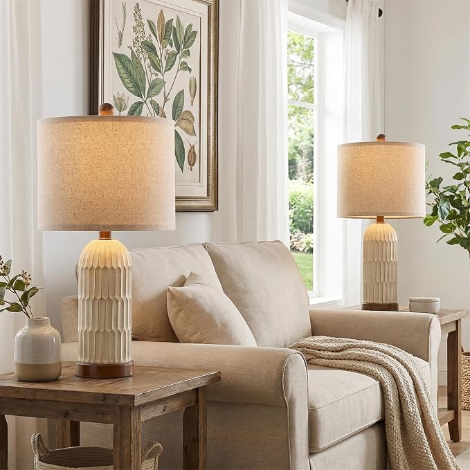 OYEARS 22" Bedside Table Lamps Set of 2, Farmhouse Lamp with USB A+C,Brown | Vintage Nightstand Lamp for Bedroom, Retro Design, Home Decor for living Room, Nursery, Home Office, End Side table