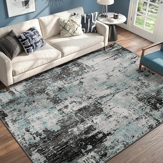 RELEANY Washable 5'x7' Abstract Area Rug for Living Room Teal Black | Carpet for Bedroom, Kitchen, Office, Hallway and Entryway, Printed Pattern, Non‑Slip, Soft, Stain‑Resistant, Easy to Clean