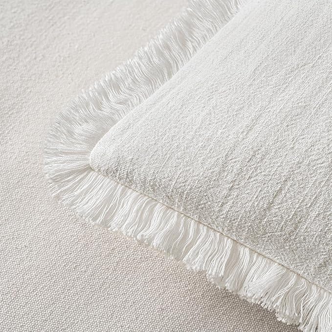 MIULEE Boho Linen Fringe Decorative Throw Pillow Covers White 18x18 | Set of 2, Cottagecore Decor, Boho Farmhouse Neutral Pillow Covers, Rustic Couch Cushion Cases for Sofa Bed Living Room