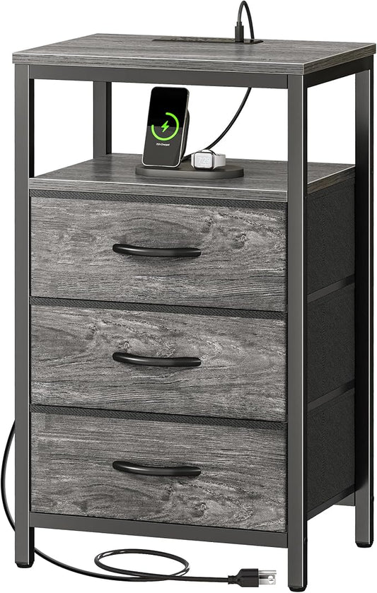 Huuger Nightstand with Charging Station, 27.6 Inch Bedside Table,Side Table | Night Stand with USB Ports and Outlets, End Table with Fabric Drawers, Night Stand with Charger Station, Grey