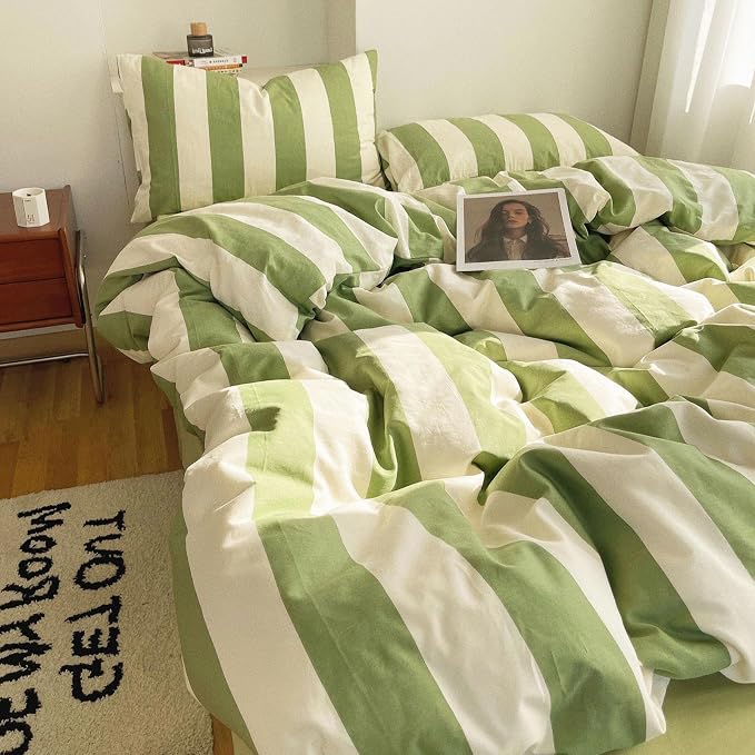 LifeTB Striped Comforter Set Queen Green White Stripes Pattern Printed Comforter 3 Pieces Lightweight Bedding Comforter with 2 Pillowcases Breathable Soft Comfy Farmhouse Striped Comforter Set