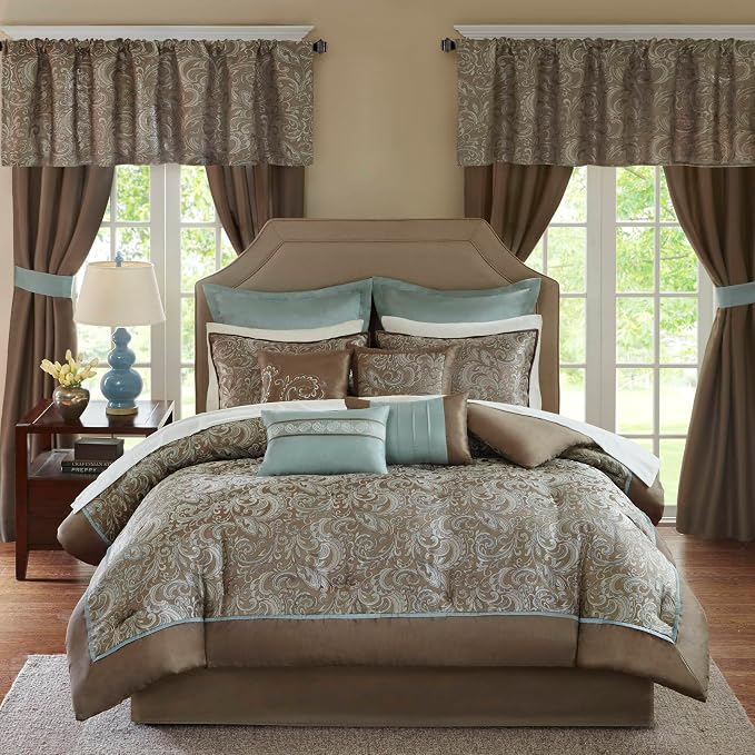 Madison Park Essentials Brystol 24 Piece Room in a Bag Faux Silk Comforter Jacquard Paisley Design Matching Curtains Down Alternative Hypoallergenic All Season Bedding-Set, Queen (90 in x 90 in), Blue | Matching Curtains Room in a Bag, Down Alternative...