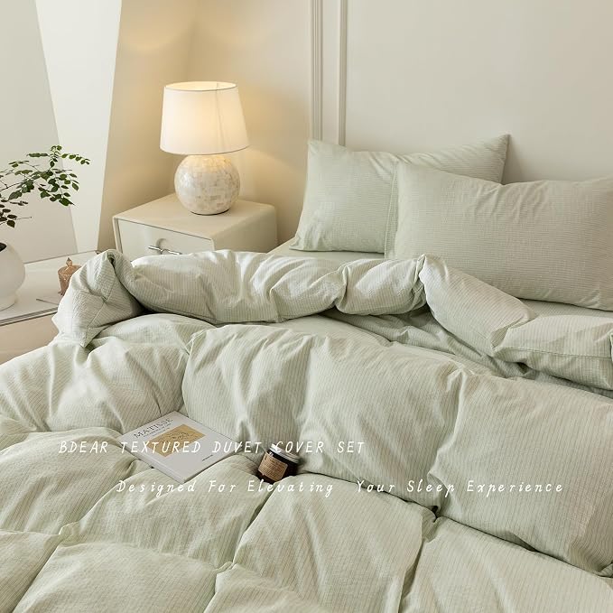 BDEAR 3Pcs Light Green Pinstriped Duvet Cover Set Queen Size 90''Wx90''L | Light Weight Design, 1 Duvet Cover with 2 Pillowcases, Zipper Closure, OEKO TEX Standard,8 Corner Ties, Skin Friendly