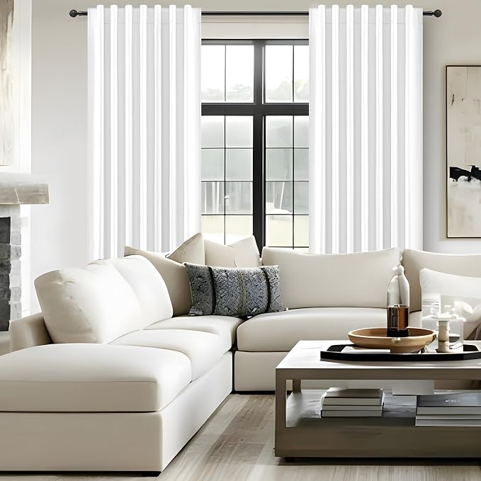 Pure White Blackout 102 Inch Long Curtains for Bedroom, Funky Heavy Linen Ceiling Track Nursery Curtain Heart/Cold Block Sound Dampening Pleat Window Drapes 2 Panels Aesthetic Decor 8.5FT Length Burg