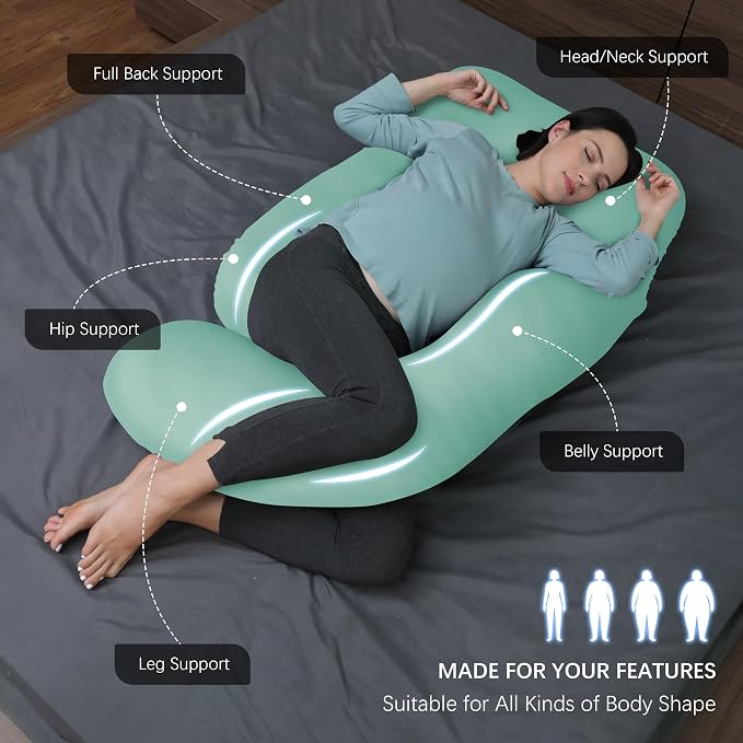 MOON PARK Pregnancy Pillows for Sleeping - U Shaped Full Body Maternity Pillow with Removable Cover - Support for Back, Legs, Belly, Hips - 57 Inch - Turqouise - Cooling Cover