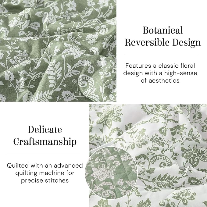 California King Quilt Set-3 Pieces Soft Bedding Floral Reversible Coverlet | All Seasons Lightweight Quilts Queen Size for Bed, Breathable Vintage Bedspread with Shams, Green