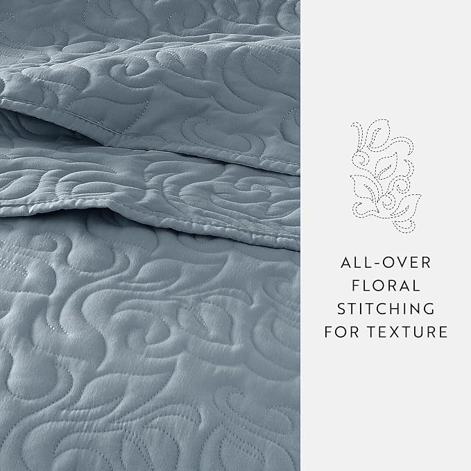 Merit Linens Modern Quilt Coverlet Soft Set in Floral Stitching - King/Cal-King Dusk Blue