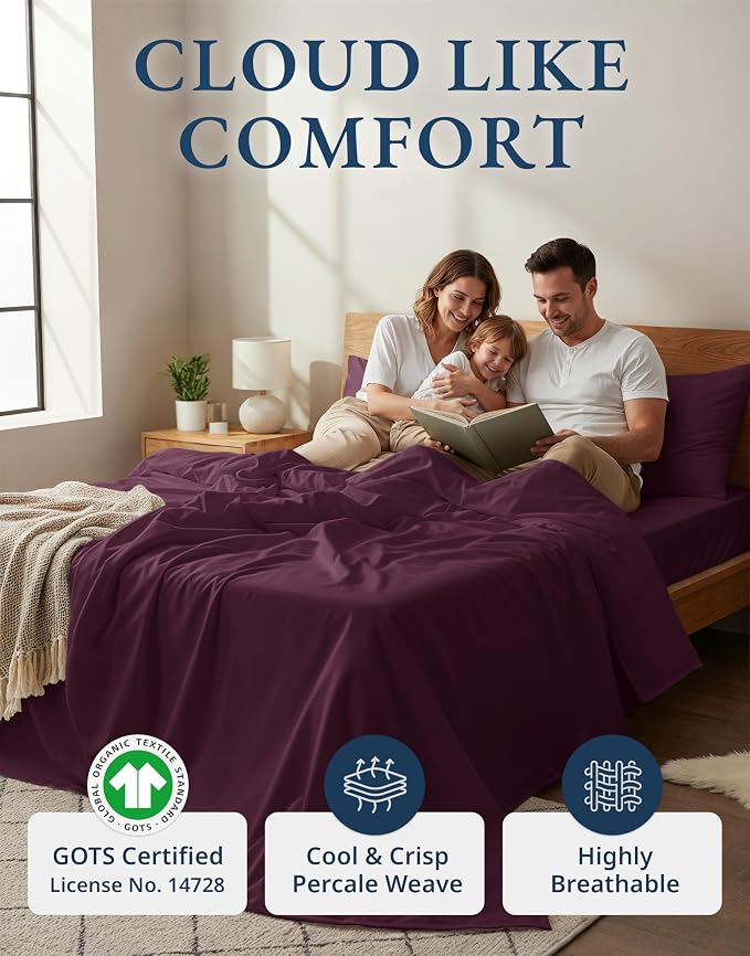 LANE LINEN Twin XL Sheets 100% Organic Cotton Cooling Soft - Windsor Wine | Twin XL Sheet Set, Organic Cotton Percale - Best-Value Organic Cotton, Affordable Organic Luxury, Crisp, Cool & Breathable
