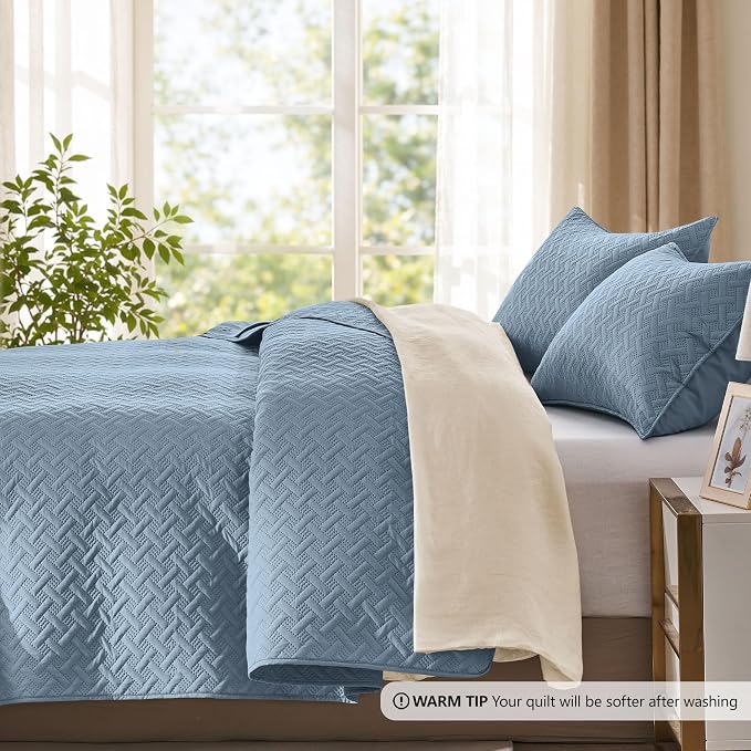 FLYMME Quilts Queen Size,Lightweight Dusty Blue Bedspreads,Basket Weave Pattern,Ultra Soft Microfiber Bed Coverlet 3 Pieces for All-Seasons (1 Quilt,2 Shams)