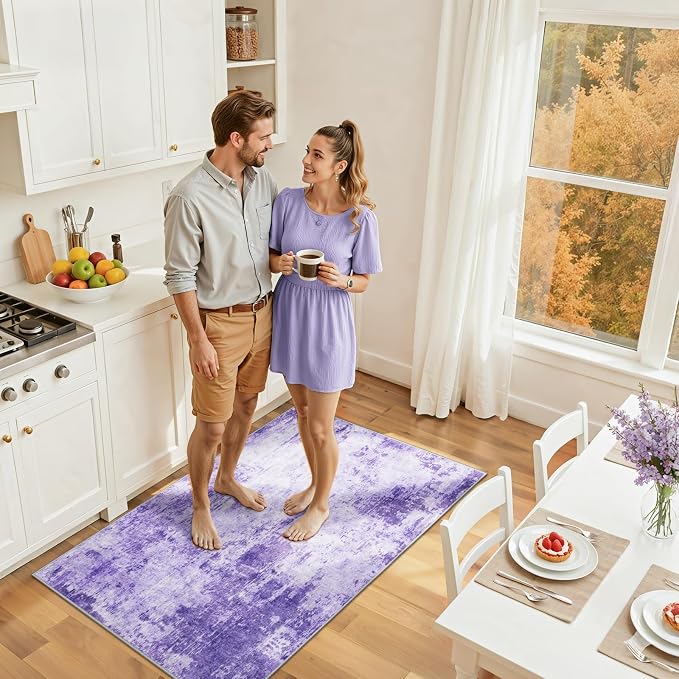 RELEANY Washable 3'x5' Abstract Area Rug for Living Room Purple | Carpet for Bedroom, Kitchen, Office, Hallway and Entryway, Printed Pattern, Non‑Slip, Soft, Stain‑Resistant, Easy to Clean