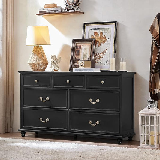 Joaxswe Farmhouse 54" 7 Drawers Dresser for Bedroom, Wide Chest of Drawers w/ 4 Wooden Legs, Vintage Large Closet Storage Dressers Organizer for Hallway, Wood Rustic TV Stand for Living Room, Black