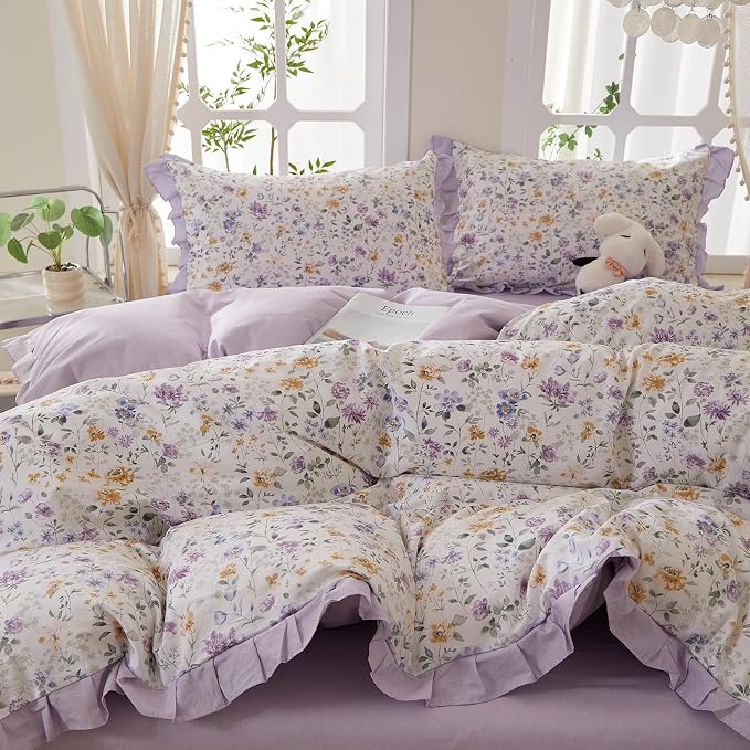 mixinni Floral Duvet Cover Set Twin Size, 100% Cotton 3-Piece Bedding Set with Ruffled Lace, Reversible Lavender Wildflower Ruffle Design, Soft Aesthetic Cottagecore Duvet Cover with Zipper Closure