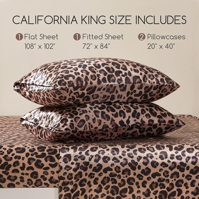 MR&HM Satin Sheets California King Size Sheet Set, Brown Leopard, 4 Pieces | Silky Bed Sheets with Elastic Corner Straps, 15" Deep Pocket, Similar to Silk, Gentle on Skin and Hair, Soft & Cooling